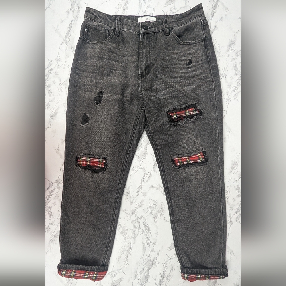 KanCan Size 13 Black Denim Jeans With Plaid Patches And Upturned Hem